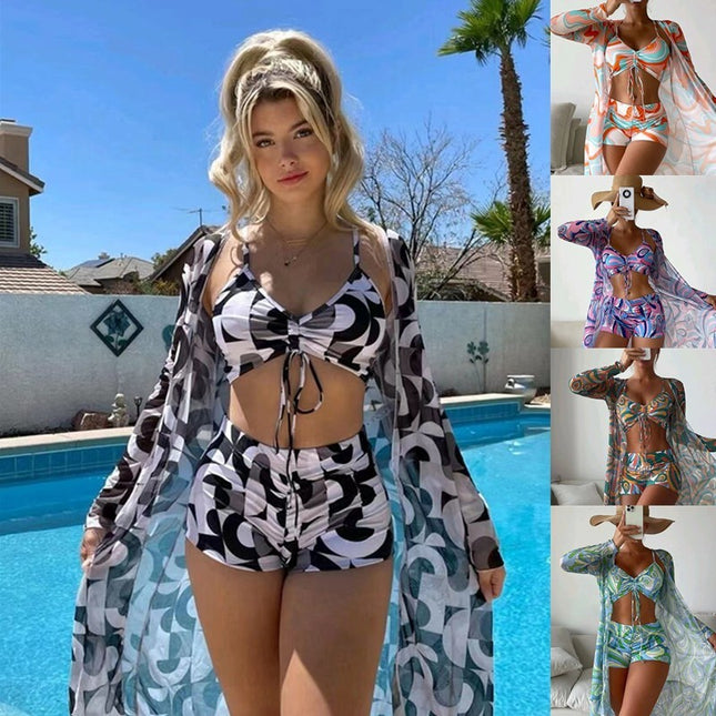 Women's 3-Piece Floral Bikini Set with Cardigan