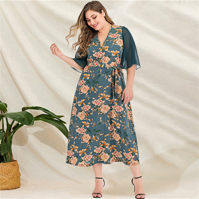 Plus Size V-Neck Floral A-Line Summer Dress