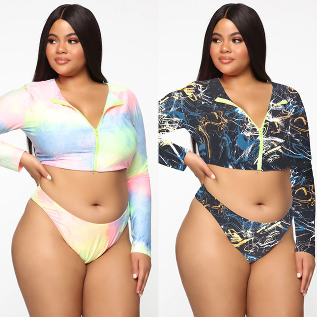 Plus Size Long Sleeve Colorful Bikini Swimsuit