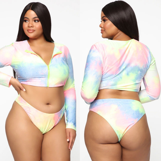 Plus Size Long Sleeve Colorful Bikini Swimsuit