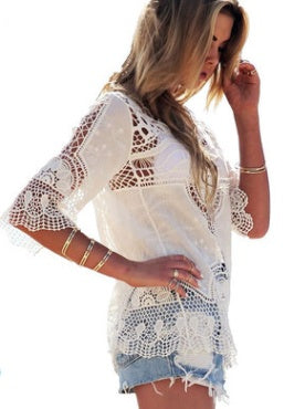 Women's Boho Crochet Lace Beach Cover-Up Shirt