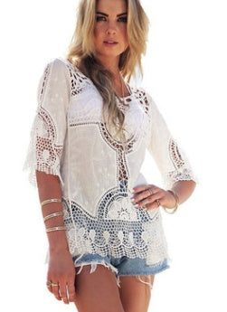 Women's Boho Crochet Lace Beach Cover-Up Shirt