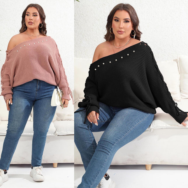 Plus Size Lace-Up Batwing Sleeve Pullover Sweater