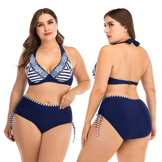 Plus Size Backless Striped Bikini Set for Women