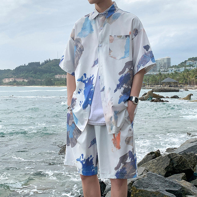 Men’s Graffiti Print Beach Shirt & Shorts Set