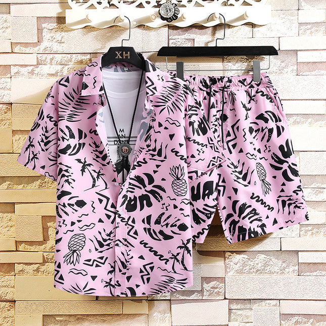 Men’s Hawaiian Shirt & Shorts Set – Tropical Pink