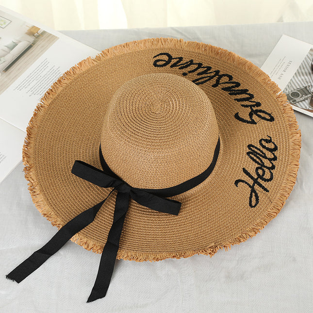 Wide Brim Straw Beach Hat with Lace-Up Band