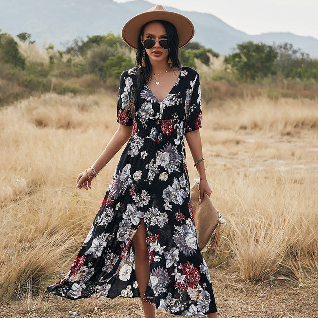 Women's Floral V-Neck Beach Dress with Elastic High Waist