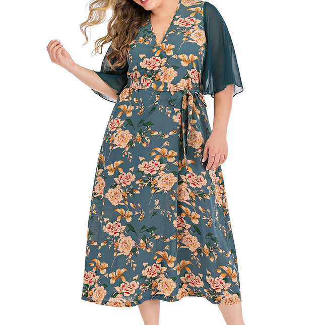 Plus Size V-Neck Floral A-Line Summer Dress