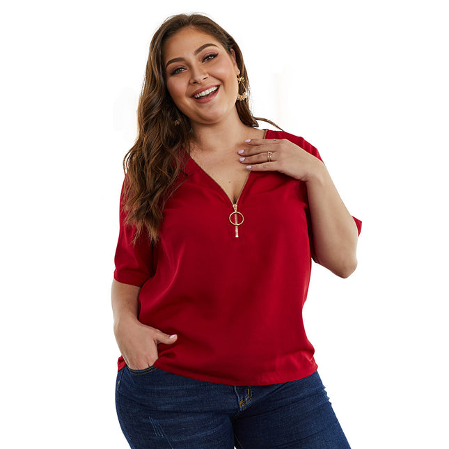 Plus Size V-Neck Plain Casual Shirt Top