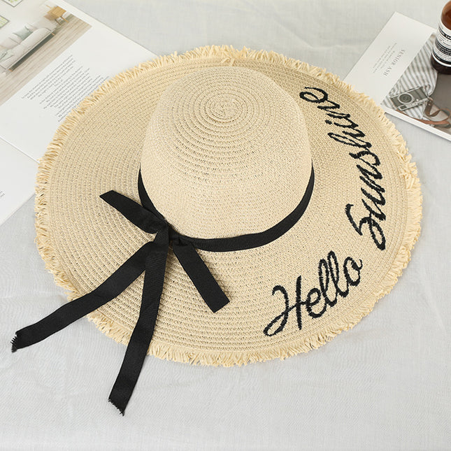 Wide Brim Straw Beach Hat with Lace-Up Band