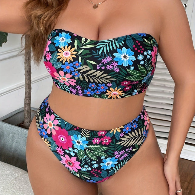 Plus Size Floral Strapless High Waist Bikini Set