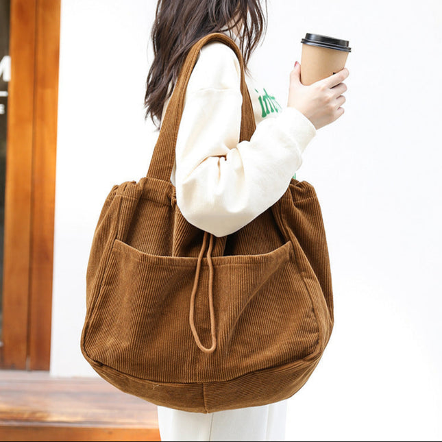 Women's Corduroy Drawstring Shoulder Handbag