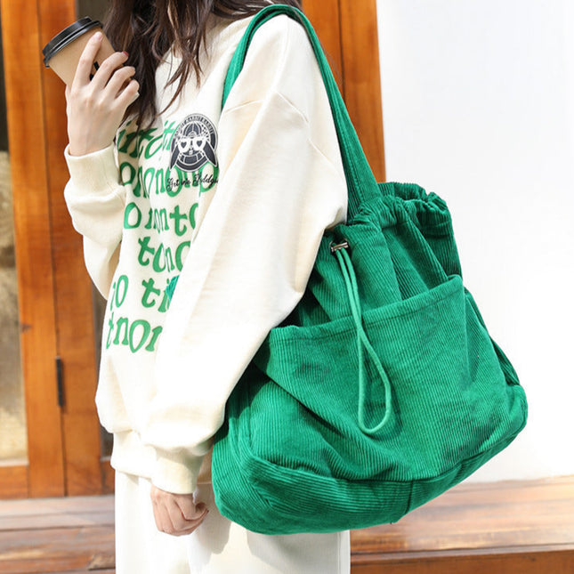 Women's Corduroy Drawstring Shoulder Handbag