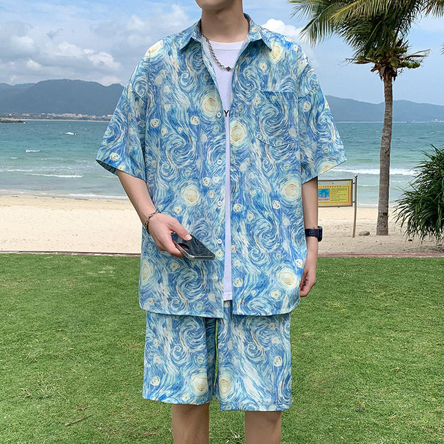 Men’s Graffiti Print Beach Shirt & Shorts Set