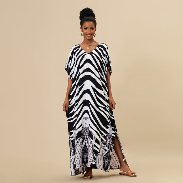 Women's Loose Animal Print Long Cotton Beach Cover-Up