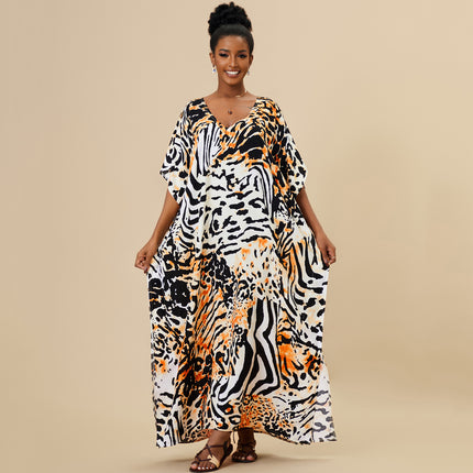 Women's Loose Animal Print Long Cotton Beach Cover-Up