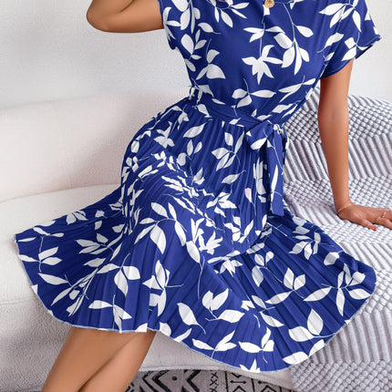 Leaf Print Dress Women Short Sleeve Lace-up Skirt Summer Beach Dress