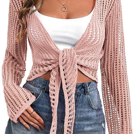 Beach Cover-up Hollow Out Long Sleeve Lace-up Sweater Top For Women