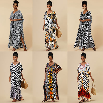 Women's Loose Animal Print Long Cotton Beach Cover-Up