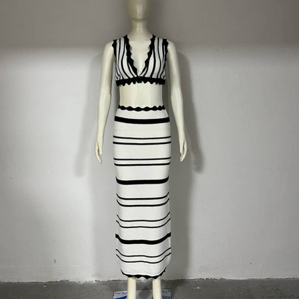 2pcs Striped Bikini Casual Vest Sling Top Suit Beach Summer Y2K Long Dress Suits For Women