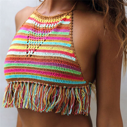 Colorful Striped Crochet Tassel Bikini Top for Women