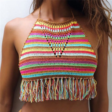 Colorful Striped Crochet Tassel Bikini Top for Women