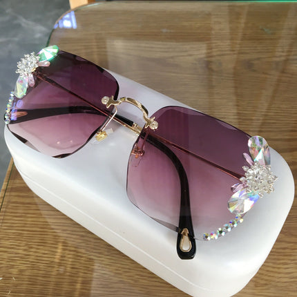 Frameless Trendy Rhinestone Sunglasses, Gradient Luxury Sunglasses Women