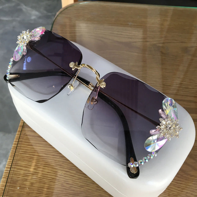 Frameless Trendy Rhinestone Sunglasses, Gradient Luxury Sunglasses Women