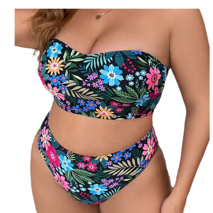 Plus Size Printed Split Tube Top Bikini Swimsuit