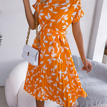 Leaf Print Dress Women Short Sleeve Lace-up Skirt Summer Beach Dress
