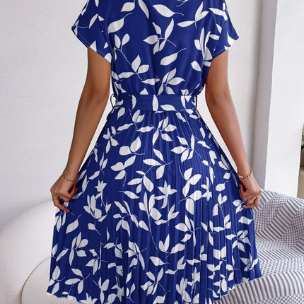 Leaf Print Dress Women Short Sleeve Lace-up Skirt Summer Beach Dress
