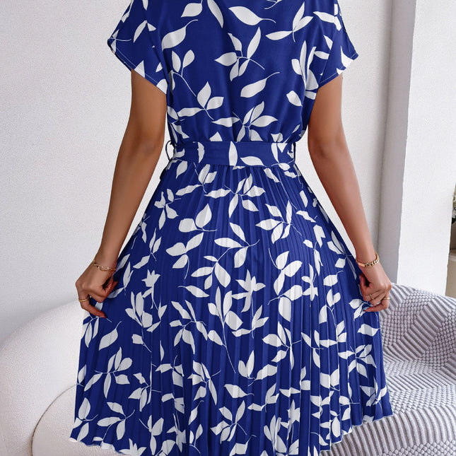Leaf Print Dress Women Short Sleeve Lace-up Skirt Summer Beach Dress