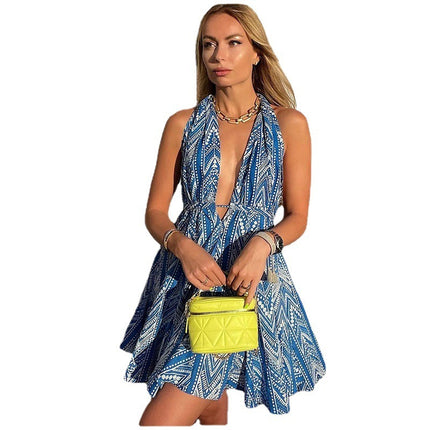 Vacation Style Backless Print Halter Beach Dress For Women