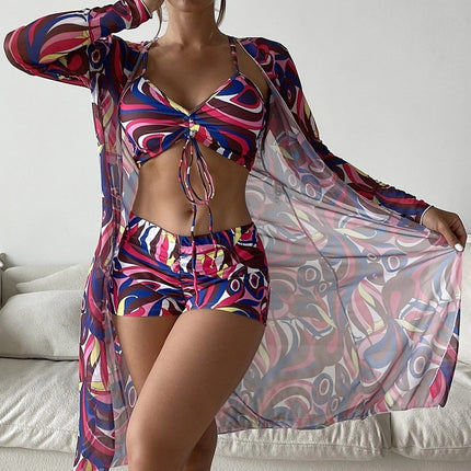 Women's 3-Piece Floral Bikini Set with Cardigan