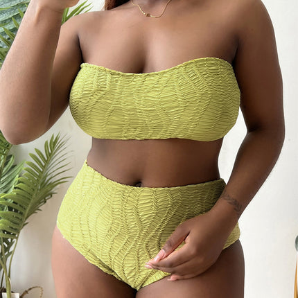Pure Color Tube-top High Waist Plus Size Bikini Suit