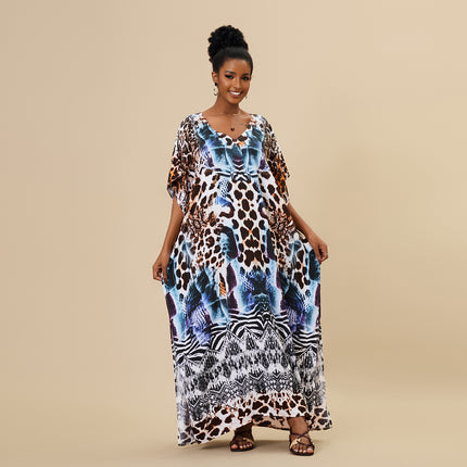 Women's Loose Animal Print Long Cotton Beach Cover-Up