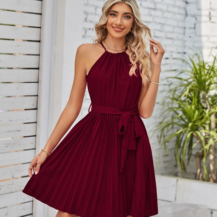Halter Strapless Dresses For Women Solid Pleated Skirt Summer Beach Sundress