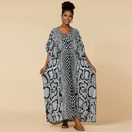 Women's Loose Animal Print Long Cotton Beach Cover-Up