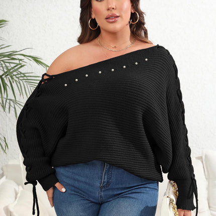 Women's Top Plus Size Lace Up Batwing Sleeve Sweater