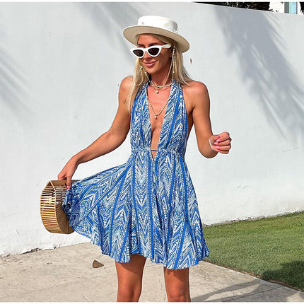 Vacation Style Backless Print Halter Beach Dress For Women