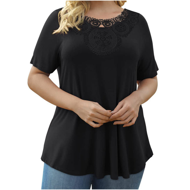 Plus Size Pleated Lace Waist T-Shirt Top