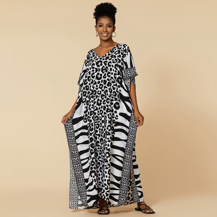 Women's Loose Animal Print Long Cotton Beach Cover-Up