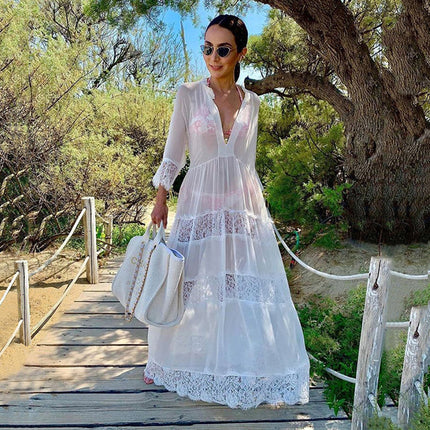 Women's Long Crochet Lace Beach Cover-Up Dress