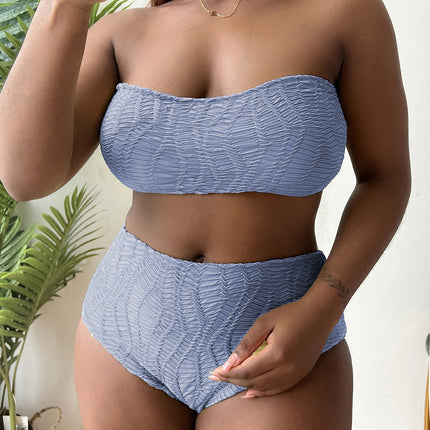 Pure Color Tube-top High Waist Plus Size Bikini Suit