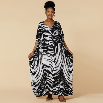 Women's Loose Animal Print Long Cotton Beach Cover-Up
