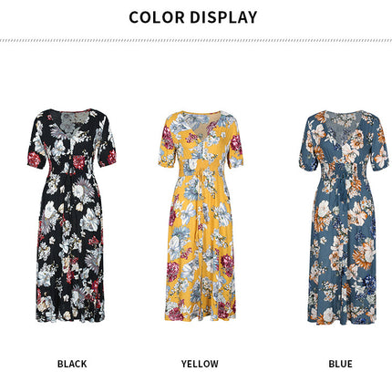 Women's Floral V-Neck Beach Dress with Elastic High Waist