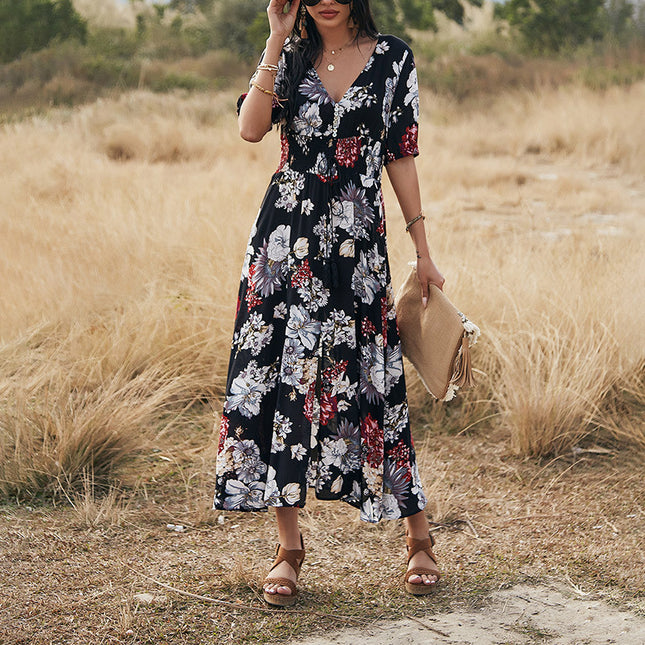 Women's Floral V-Neck Beach Dress with Elastic High Waist